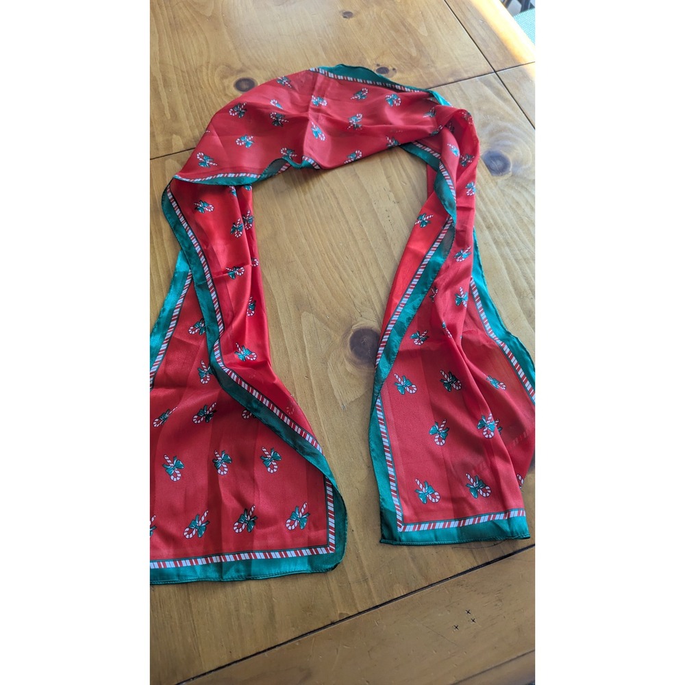 Vintage Red Christmas Candy Cane Print Scarf Green Silk‎